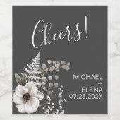 Donkere grijze en witte Floral bruiloft Wijn Etiket (Enkel label)