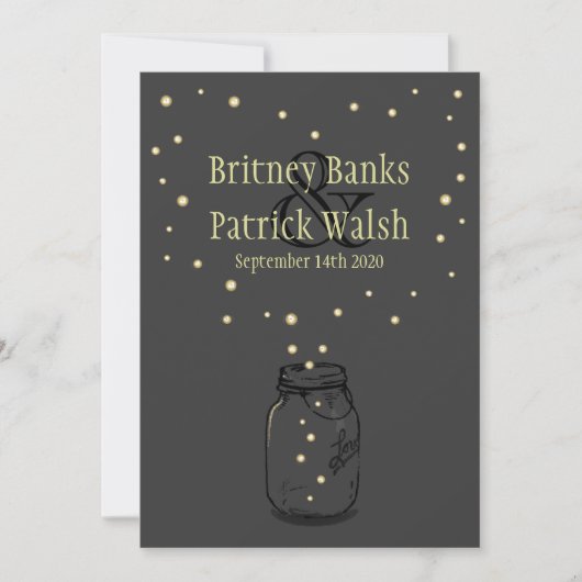 Donkere grijze Mason Jar Firefly Wedding Invitatio Kaart (Voorkant)