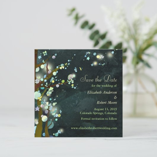 Donkere groene bomen bruiloft sparen de Datum Save The Date (Staand voorkant)
