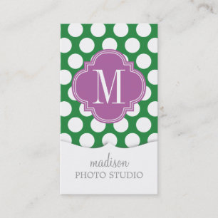 Donkere groene en Paarse Big Polka Dots monogramed Visitekaartje