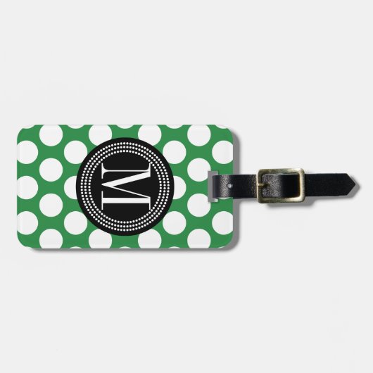 Donkere groene en zwarte Big Polka Dots monogramed Bagagelabel (Voorkant horizontaal)