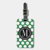 Donkere groene en zwarte Big Polka Dots monogramed Bagagelabel (Voorkant verticaal)