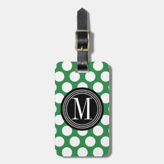 Donkere groene en zwarte Big Polka Dots monogramed Bagagelabel (Voorkant verticaal)