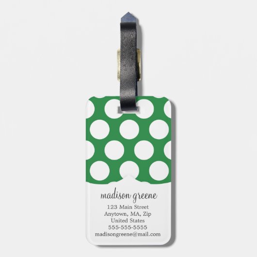 Donkere groene en zwarte Big Polka Dots monogramed Bagagelabel (Achterkant verticaal)
