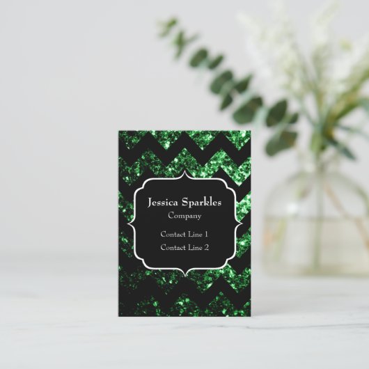 Donkere groene faux glitter sparkles zwarte Chevro Visitekaartje (Staand voorkant)