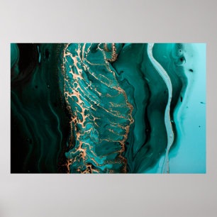 Donkere groene golven in abstracte lagen poster