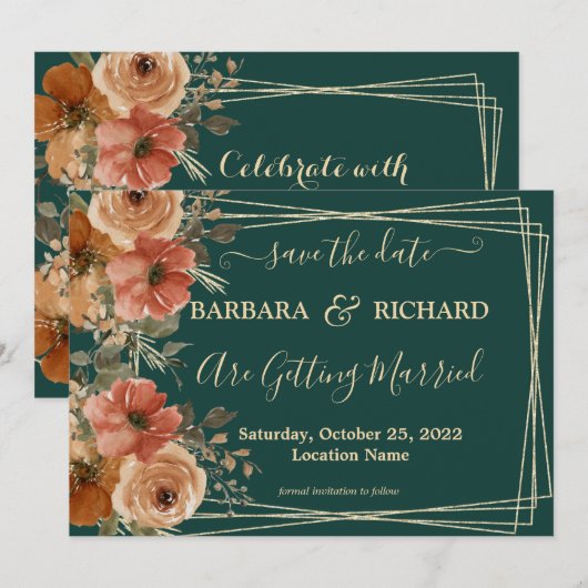 Donkere groene gouden flora Waterverf Opslagdatum Kaart (Voorkant / Achterkant)