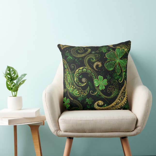 DONKERE GROENE & GOUDEN IERSE THEMA GLITTER-UITERL KUSSEN (Stoel)
