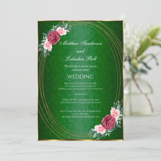 Donkere groene gouden roze rode bloemen Klassiek Kaart (Staand voorkant)