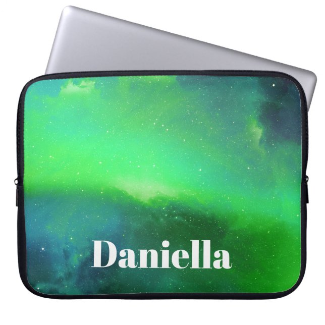 Donkere groene holografische hemel met aangepaste  laptop sleeve (Voorkant)