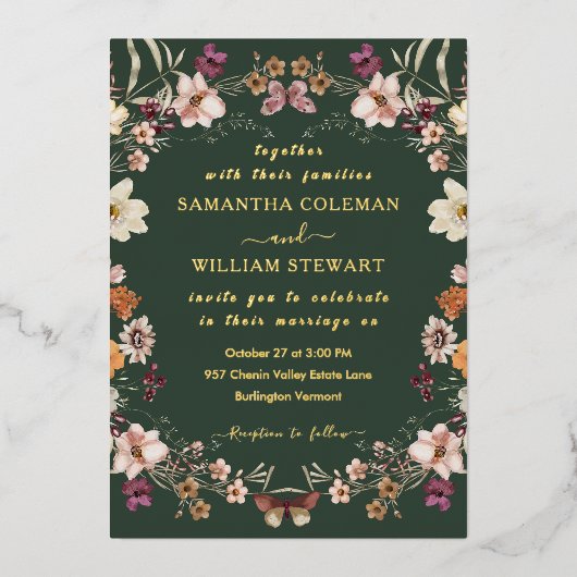 Donkere groene pasta Wildflower Modern Boho Weddin Folie Uitnodiging (Voorkant)