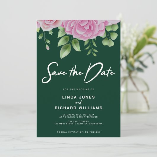 Donkere groene Rozen sparen de Datum Uitnodiging (Staand voorkant)