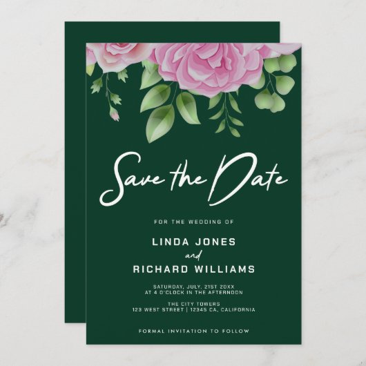 Donkere groene Rozen sparen de Datum Uitnodiging (Voorkant / Achterkant)