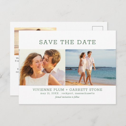 Donkere groene tekst 3 Foto bruiloft Save the Date Aankondigingskaart (Voorkant / Achterkant)