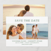 Donkere groene tekst drie foto-bruiloft save the date (Voorkant / Achterkant)