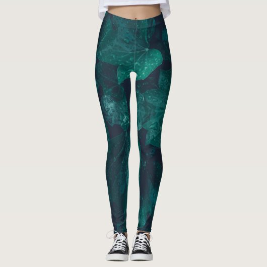 Donkere groene visblad waterdruppels leggings (Voorkant)