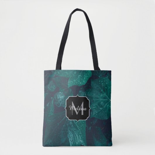 Donkere groene visblad waterdruppels Monogram Tote Bag (Voorkant)