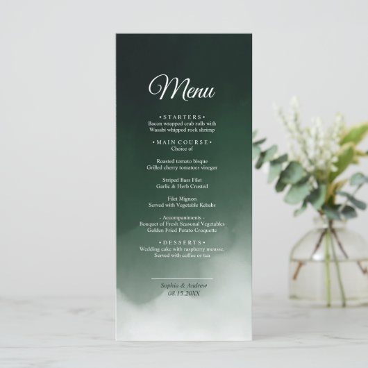 Donkere groene Waterverf Moderne bruiloft Menu (Staand voorkant)