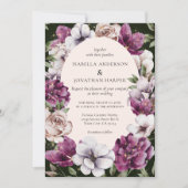 Donkere groene wijn paarse bloemen QR-code bruilof Kaart (Voorkant)