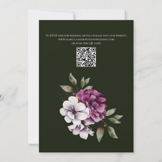 Donkere groene wijn paarse bloemen QR-code bruilof Kaart (Achterkant)