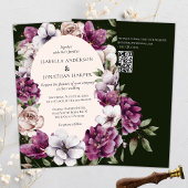 Donkere groene wijn paarse bloemen QR-code bruilof Kaart