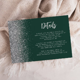 Donkere groene zilveren glitterscript trouwdetails informatiekaartje