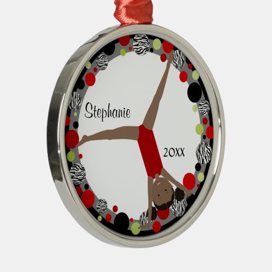 Donkere haargymnast in rood, zwart en groen metalen ornament (Rechts)