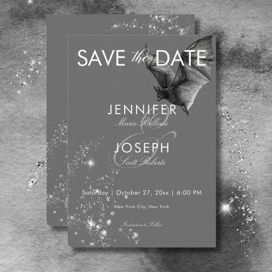Donkere Halloween Glam Bat & Diamonds Bruiloft Save The Date