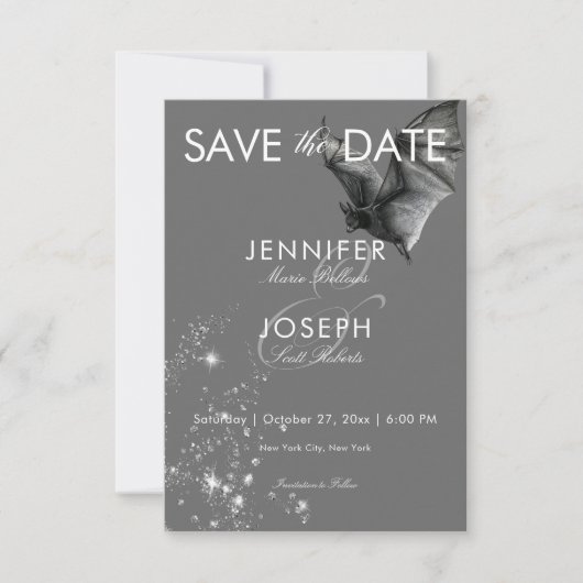 Donkere Halloween Glam Bat & Diamonds Bruiloft Save The Date (Voorkant)