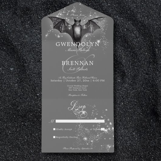 Donkere Halloween Glam Bat & Diamonds Geen Diner All In One Uitnodiging