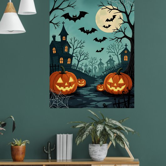 Donkere Halloween landschap met Bats & Spider Web Poster (Woonkamer 1)
