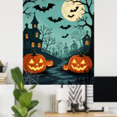 Donkere Halloween landschap met Bats & Spider Web Poster (Thuiskantoor)