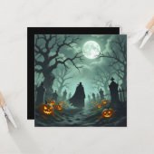 Donkere Halloween Night Spooky Graveyard Landschap Kaart (Voorkant / Achterkant in situ)