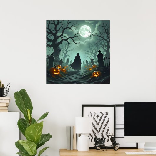 Donkere Halloween Night Spooky Graveyard Landschap Poster (Thuiskantoor)
