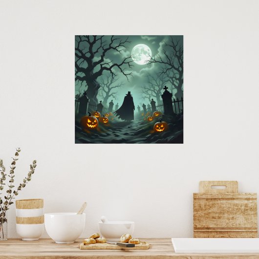 Donkere Halloween Night Spooky Graveyard Landschap Poster (Keuken)