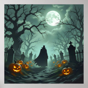 Donkere Halloween Night Spooky Graveyard Landschap Poster