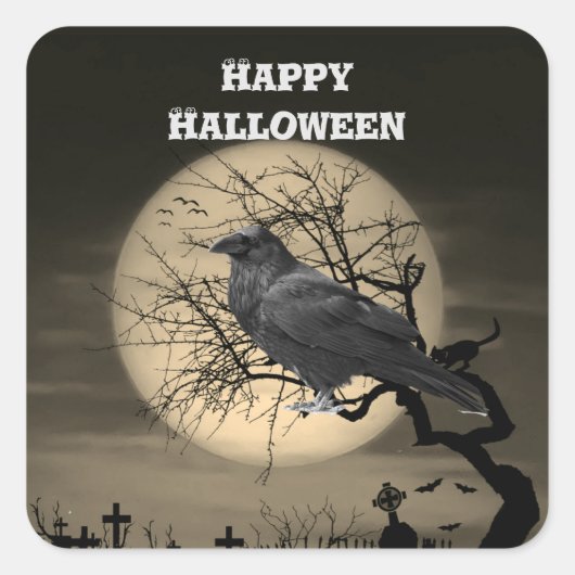 Donkere Halloween Raaf in Boom Vierkante Sticker (Voorkant)