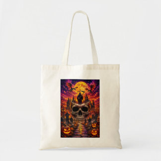 Donkere Halloween-schedel- en heksenkastelontwerp Tote Bag