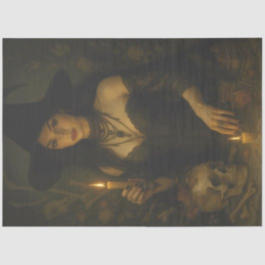 Donkere heks met kaars en schedel gotische Hallowe Tissuepapier (Voorkant)