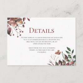 Donkere Herfst florals Rustieke bruiloft Details K Informatiekaartje