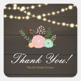 Donkere hout & rustieke bloem- & lichtjes favor st vierkante sticker