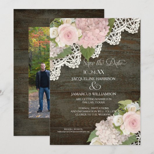 Donkere houten Save the Date foto kant roze horten Kaart (Voorkant / Achterkant)