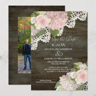 Donkere Houten Save the Date Foto Kant Roze Horten Kaart