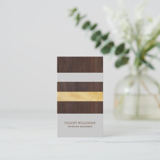 Donkere Houtkorrel, Goud & Grijze Streep Moderne R Visitekaartje (Staand voorkant)