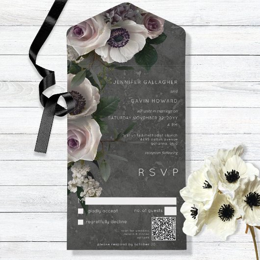 Donkere houtskool Elegant Floral Moderne QR Code All In One Uitnodiging