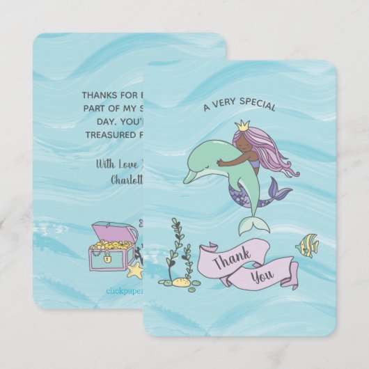 Donkere huid Paarse zeemeermin met dolfijn Bedankkaart (Voorkant / Achterkant)