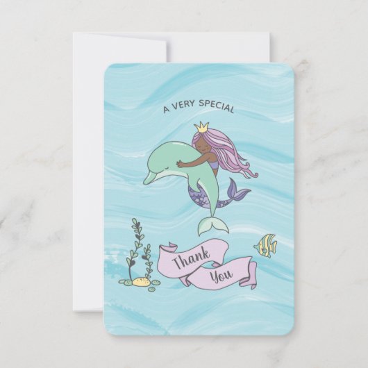 Donkere huid Paarse zeemeermin met dolfijn Bedankkaart (Voorkant)