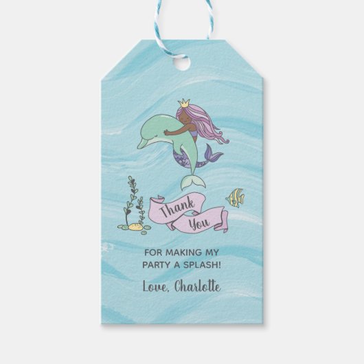 Donkere Huid Paarse Zeemeermin Met Dolfijn Dank U Cadeaulabel (Voorkant)