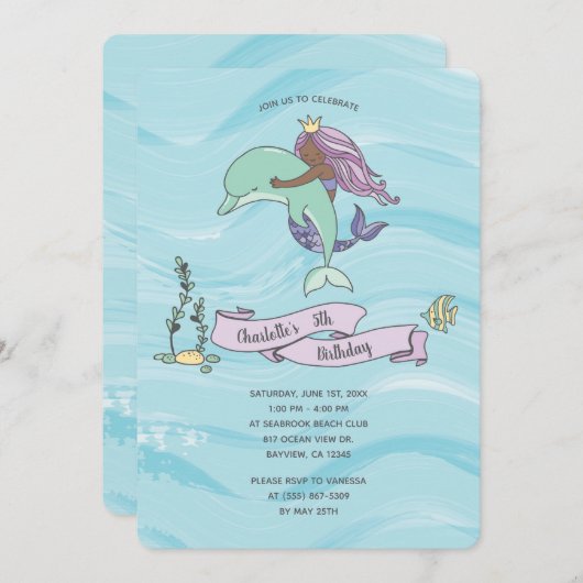 Donkere Huid Paarse Zeemeermin met Dolfijn Verjaar Kaart (Voorkant / Achterkant)