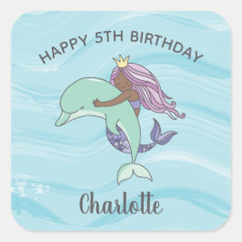 Donkere Huid Paarse Zeemeermin met Dolfijn Verjaar Vierkante Sticker